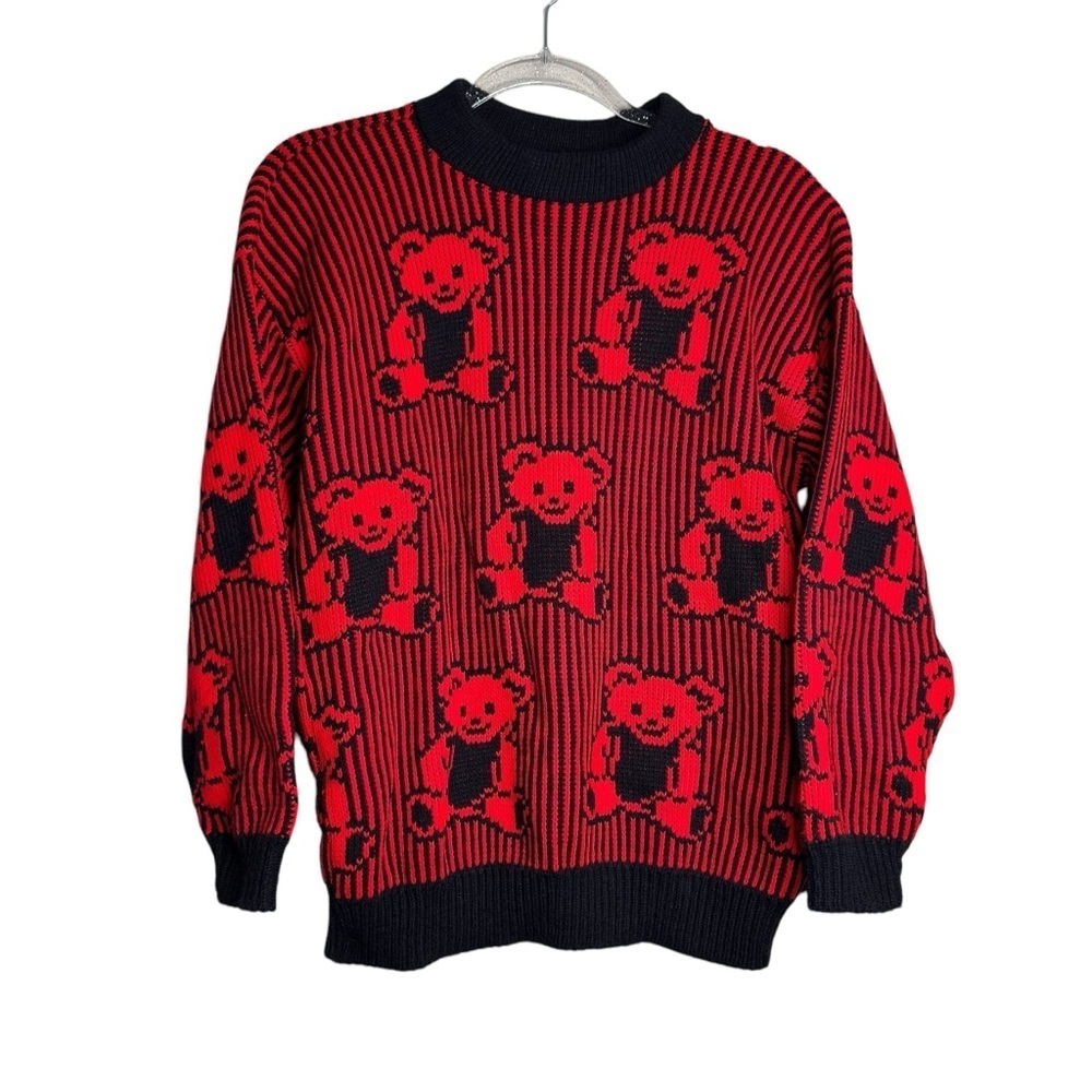 VTG Adele Knitwear Teddy Bear Black Red Goth Pullover Sweater Womenโs Small